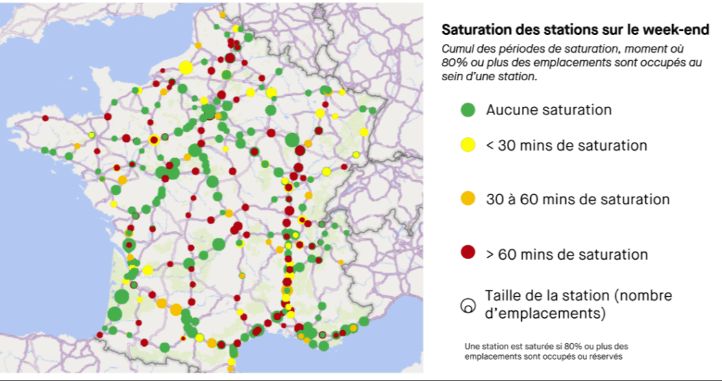 Cartographie du niveau d'occupation des bornes de recharge sur le réseau autoroutier lors du week-end du 15 août. ©Roole