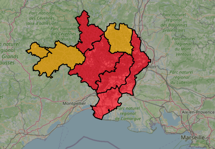 Cartographie du risque incendie dans le Gard, le 17 août 2026.  ©Capture d'écran Préfecture du Gard