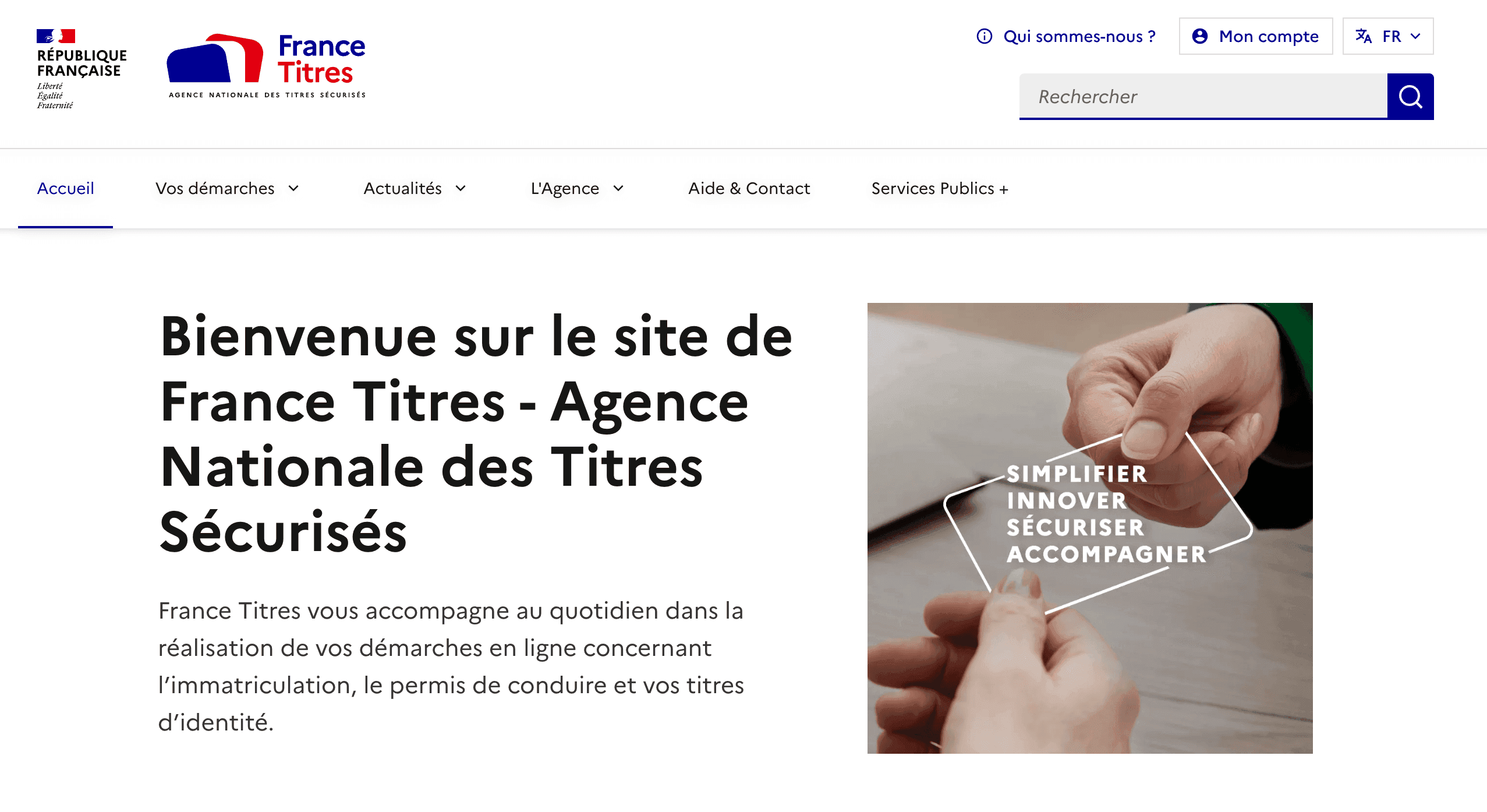 La page d'accueil du site ANTS - France Titres.