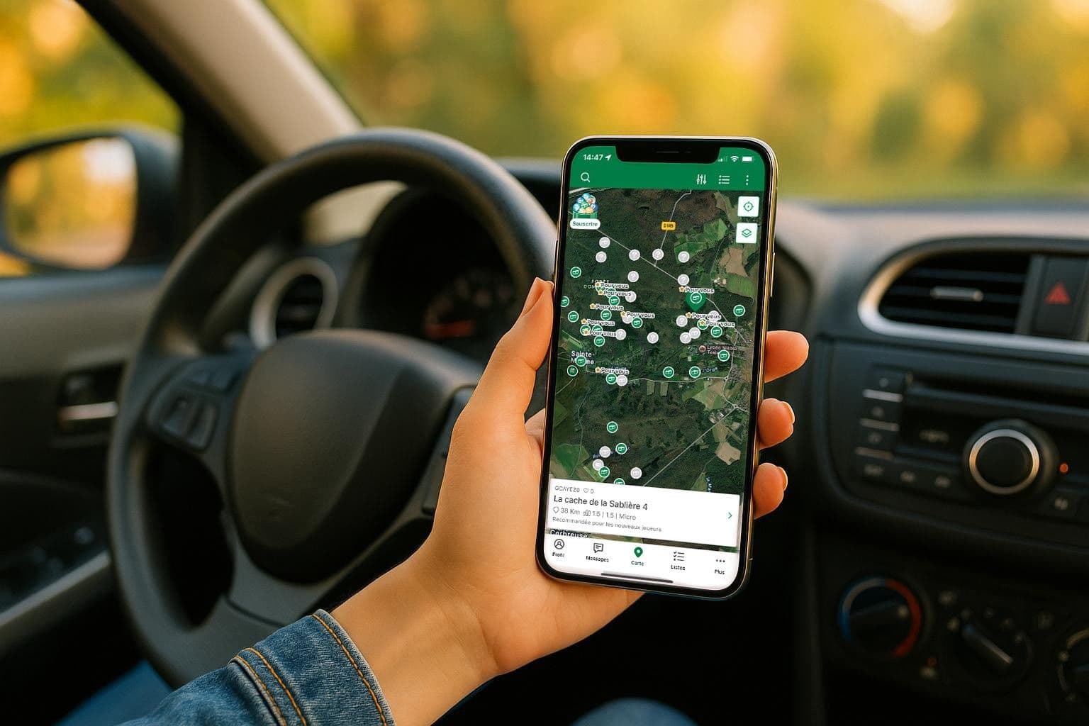 Un copilote qui utilise l'application Geocaching lors d'un trajet en voiture