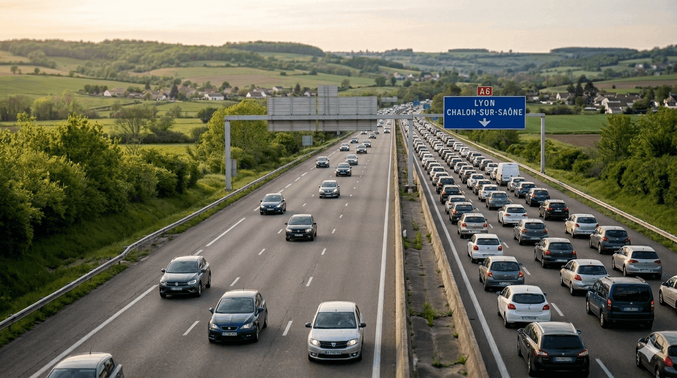Une autoroute (l'A6 en direction de Lyon) saturée dans un sens en plein week-end prolongé