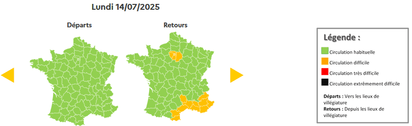 Prévisions de circulation de Bison Futé pour le lundi 14 juillet 2025. © Bison futé