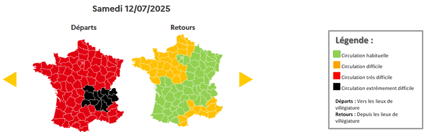 Prévisions de circulation de Bison Futé pour le samedi 12 juillet 2025. © Bison futé