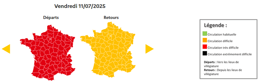 Prévisions de circulation de Bison Futé pour le vendredi 11 juillet 2025. © Bison futé