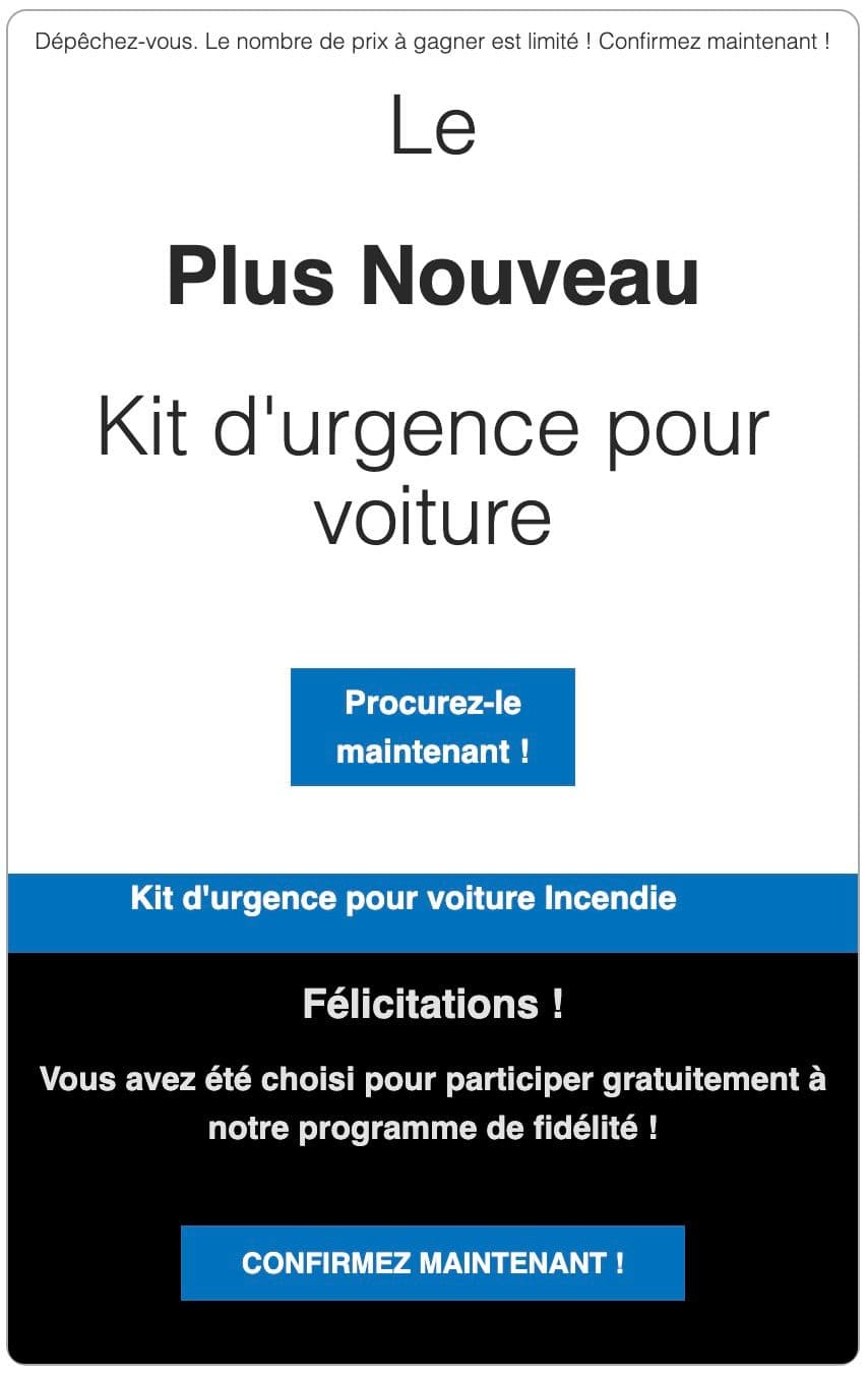 Exemple de SMS frauduleux prétendant que vous avez gagné un kit d'urgence. ©Roole