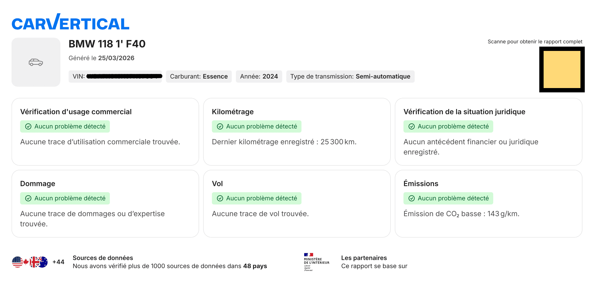 Le résumé du rapport généré par CarVertical. ©CarVertical