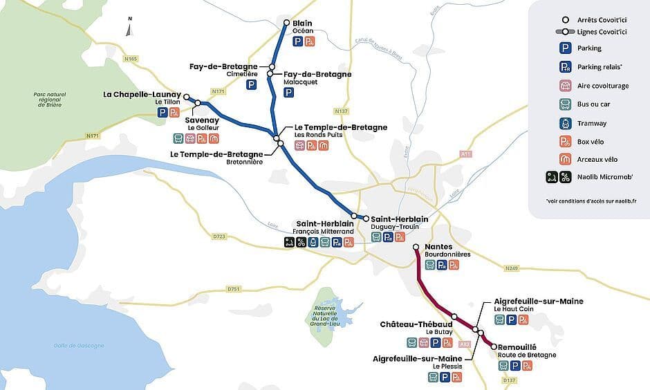La carte des deux lignes de covoiturage de Covoit’ici à Nantes. ©Nantes