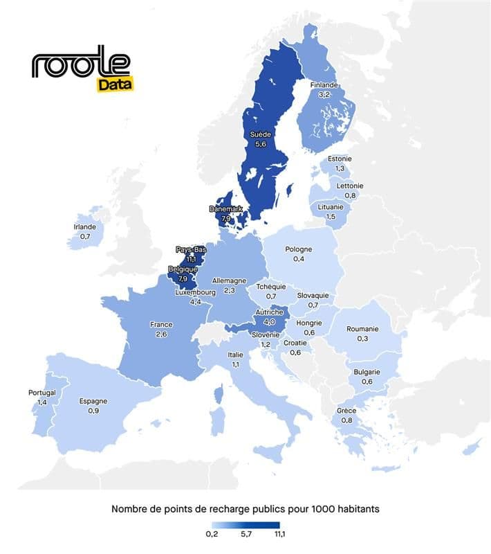 En Belgique et au Danemark, il y a 7,9 bornes pour 1 000 habitants. ©Roole Data