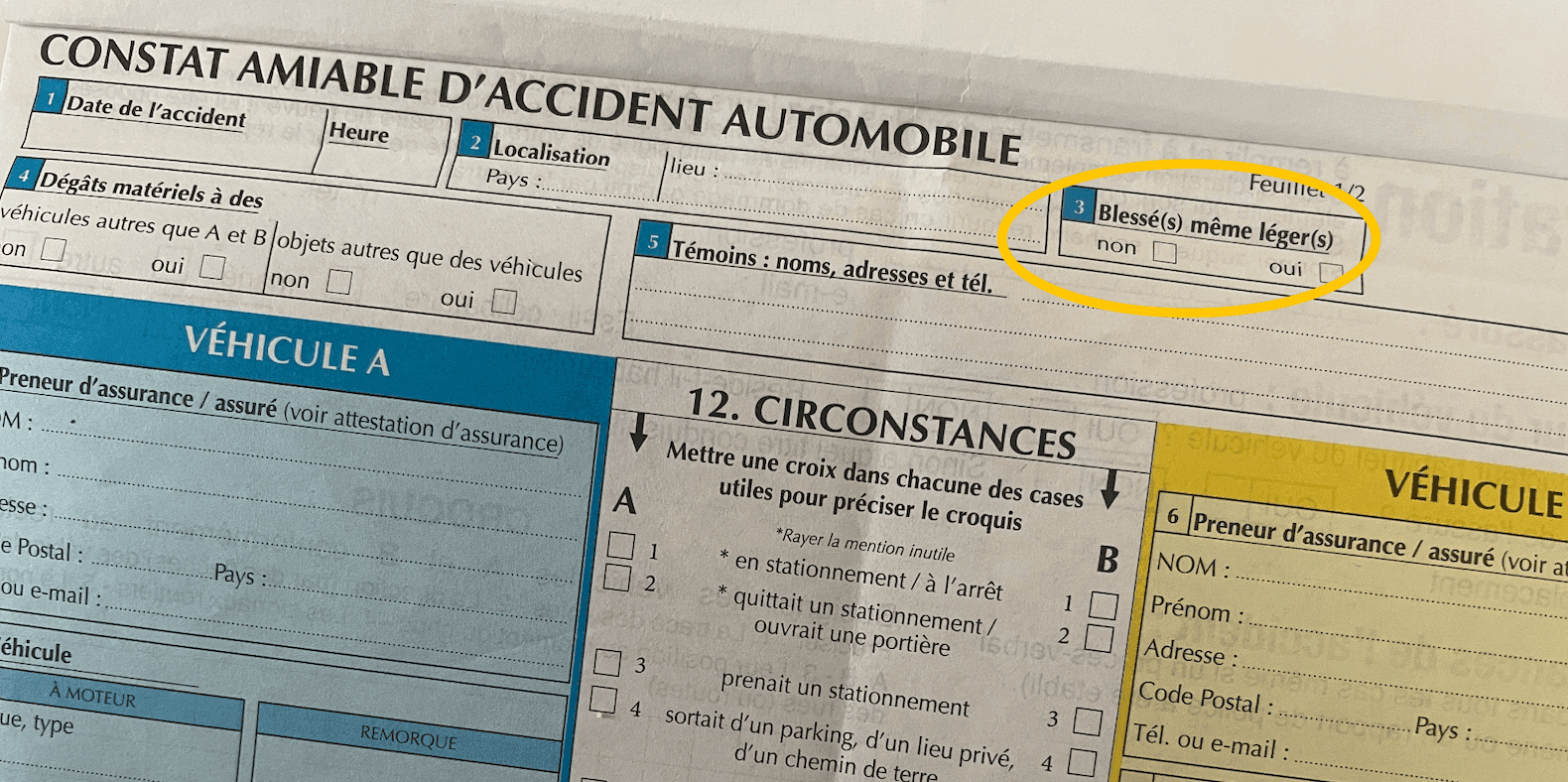 La case « blessé » au recto d'un constat amiable. 