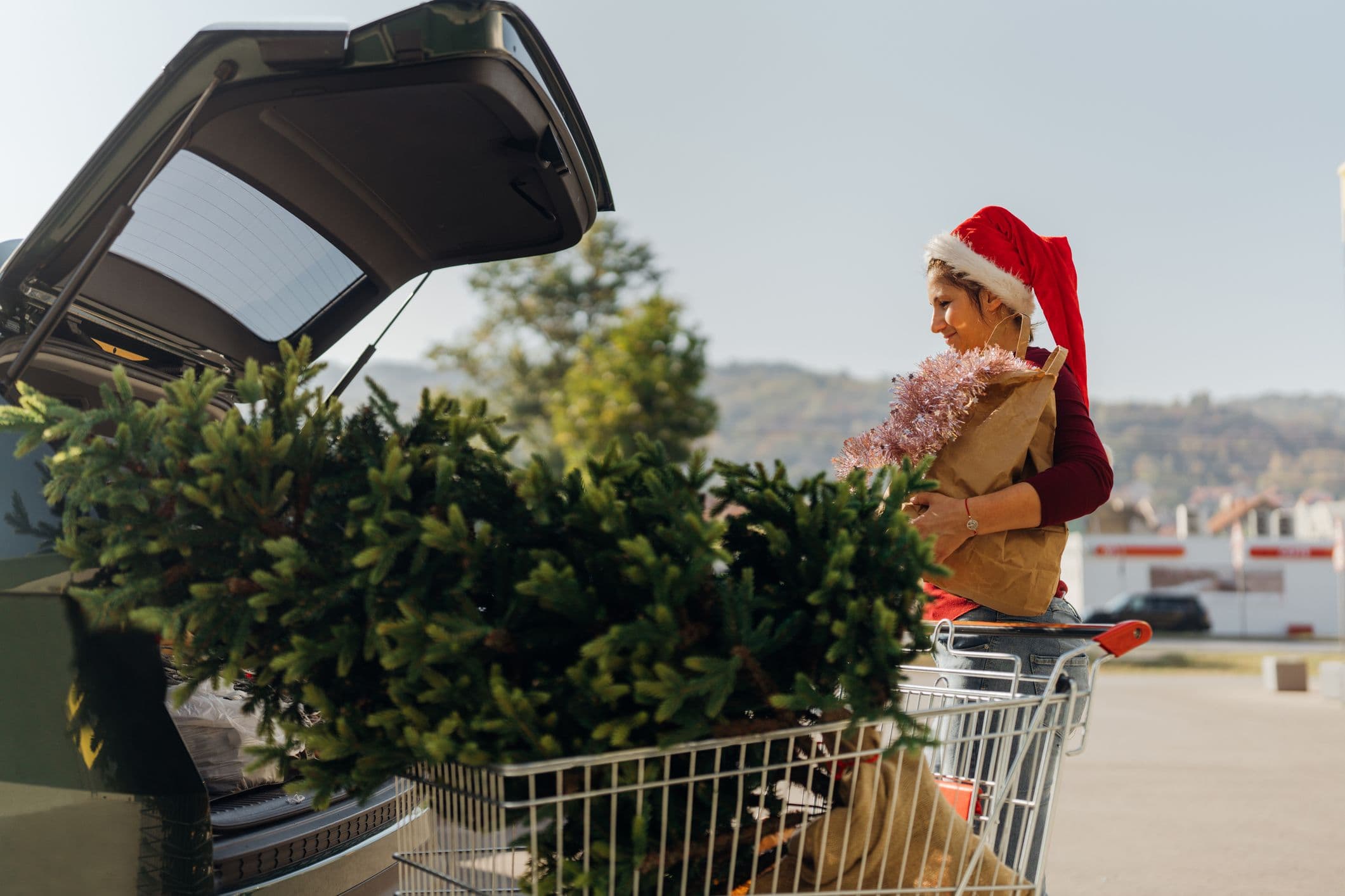 Une femme charge un sapin dans sa voiture sur un parking