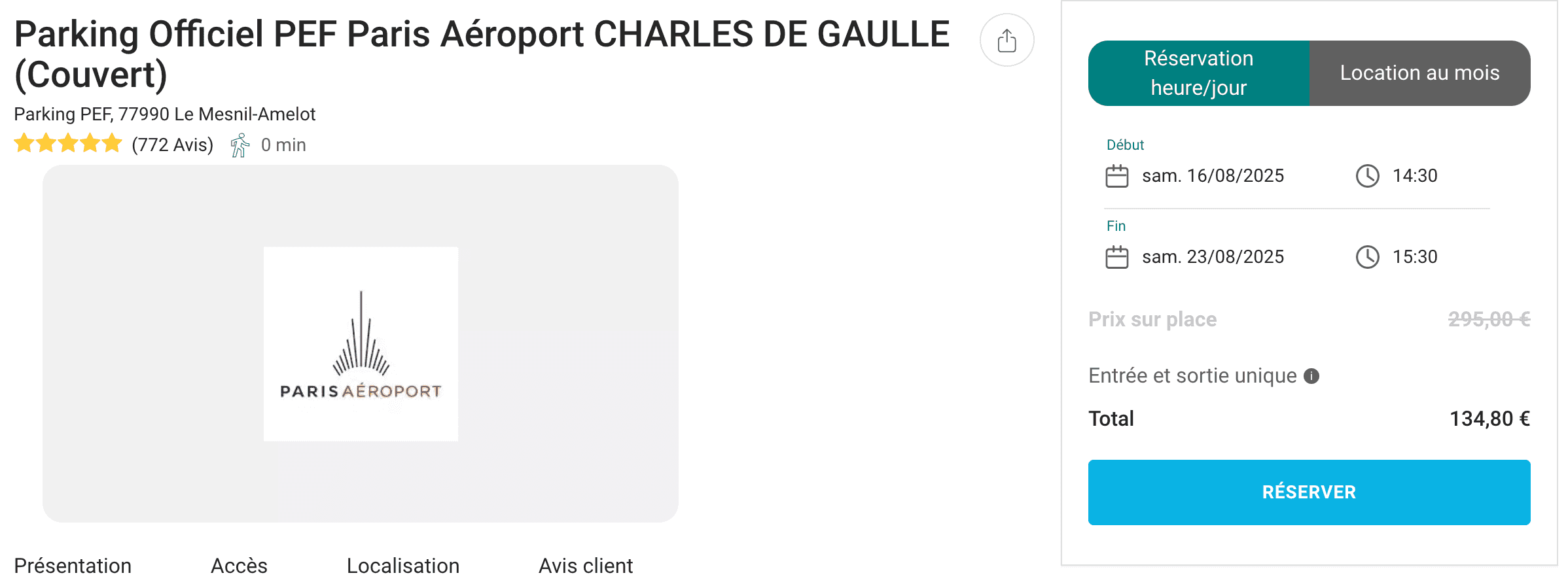 Le coût du stationnement pour 1 semaine dans un parking de l'aéroport est de 134,80 euros (avec offre spéciale). ©OnePark