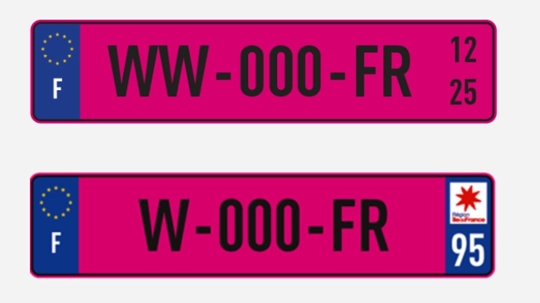 Exemples de plaques d'immatriculation roses. 