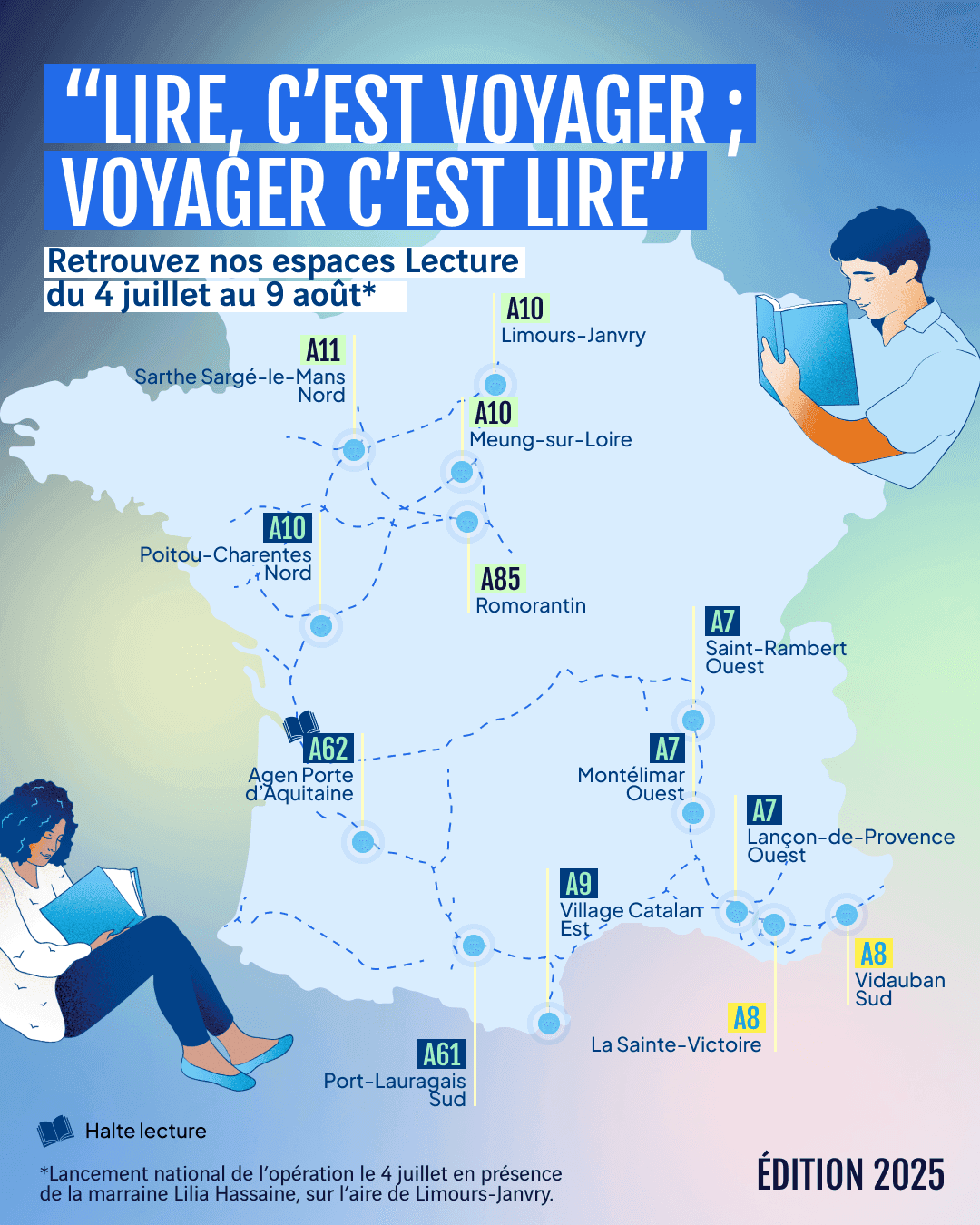 Voici les 13 aires sur lesquelles vous pouvez recevoir un livre cet été dans le cadre de l'opération « Lire, c’est voyager. Voyager, c’est lire ». ©VINCI Autoroutes