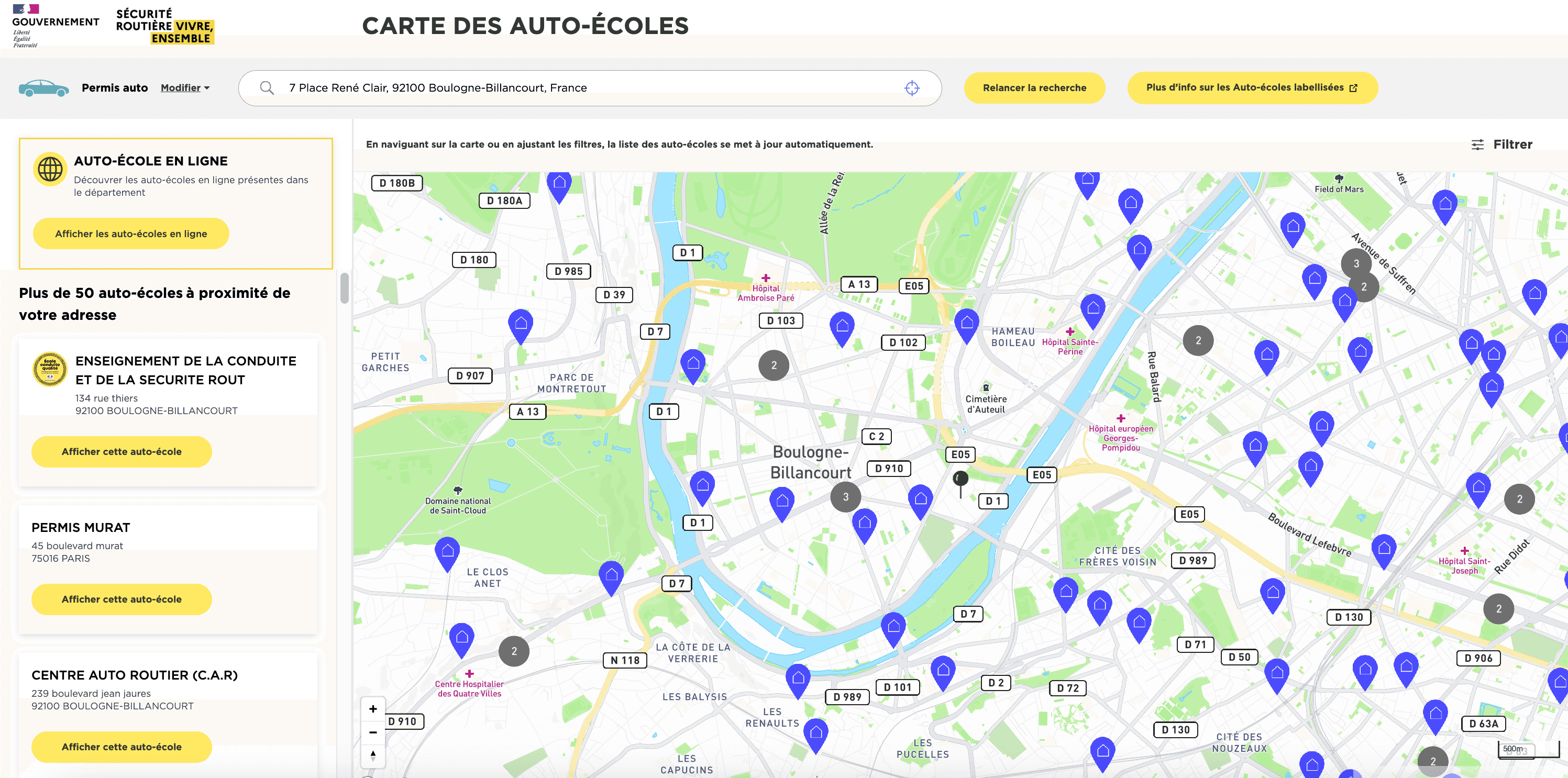 Exemple de la carte interactive avec les auto-écoles de Boulogne-Billancourt. ©Sécurité Routière