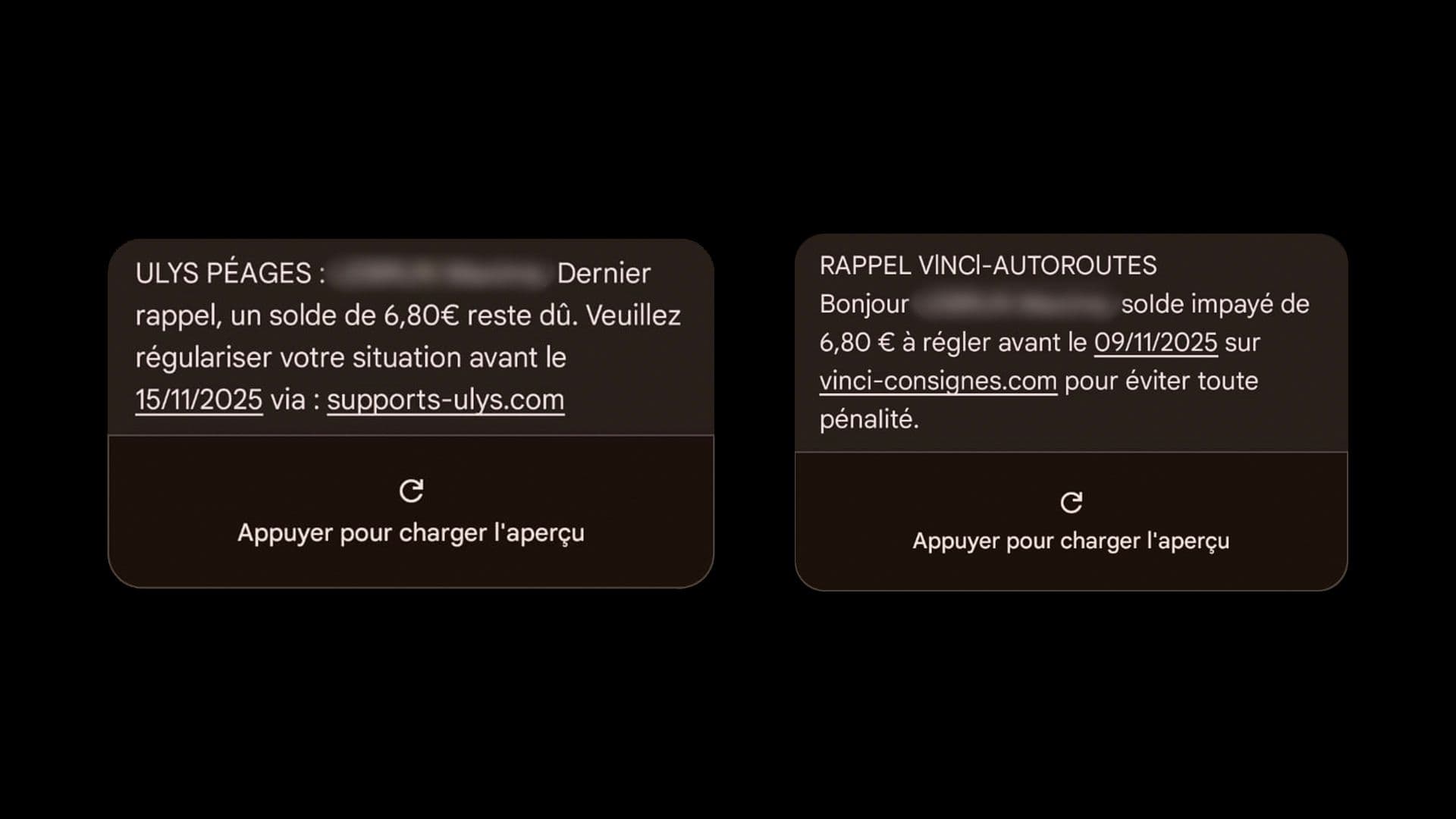 Exemples de SMS fraduleux. ©Roole