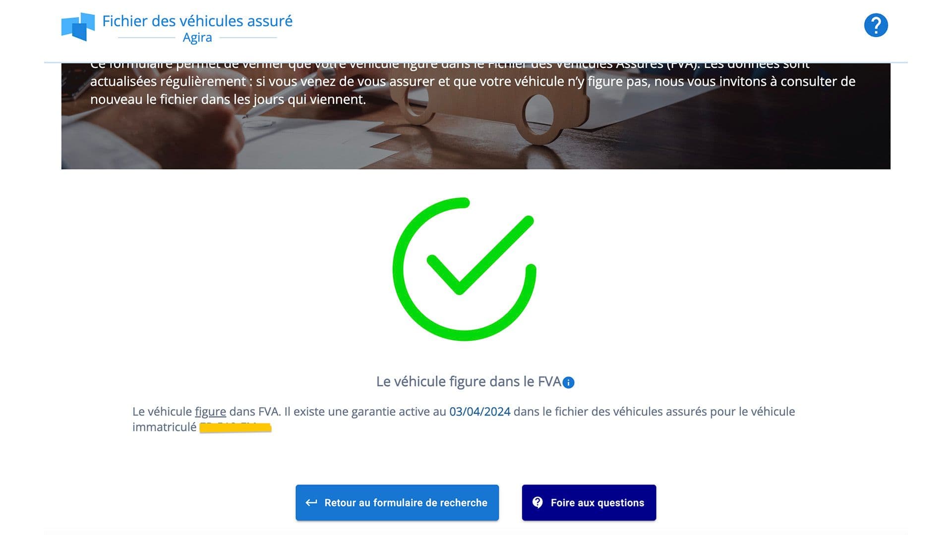 Capture d'écran de la page de confirmation : vous avez la garantie que votre véhicule figure dans le FVA ! ©Agira