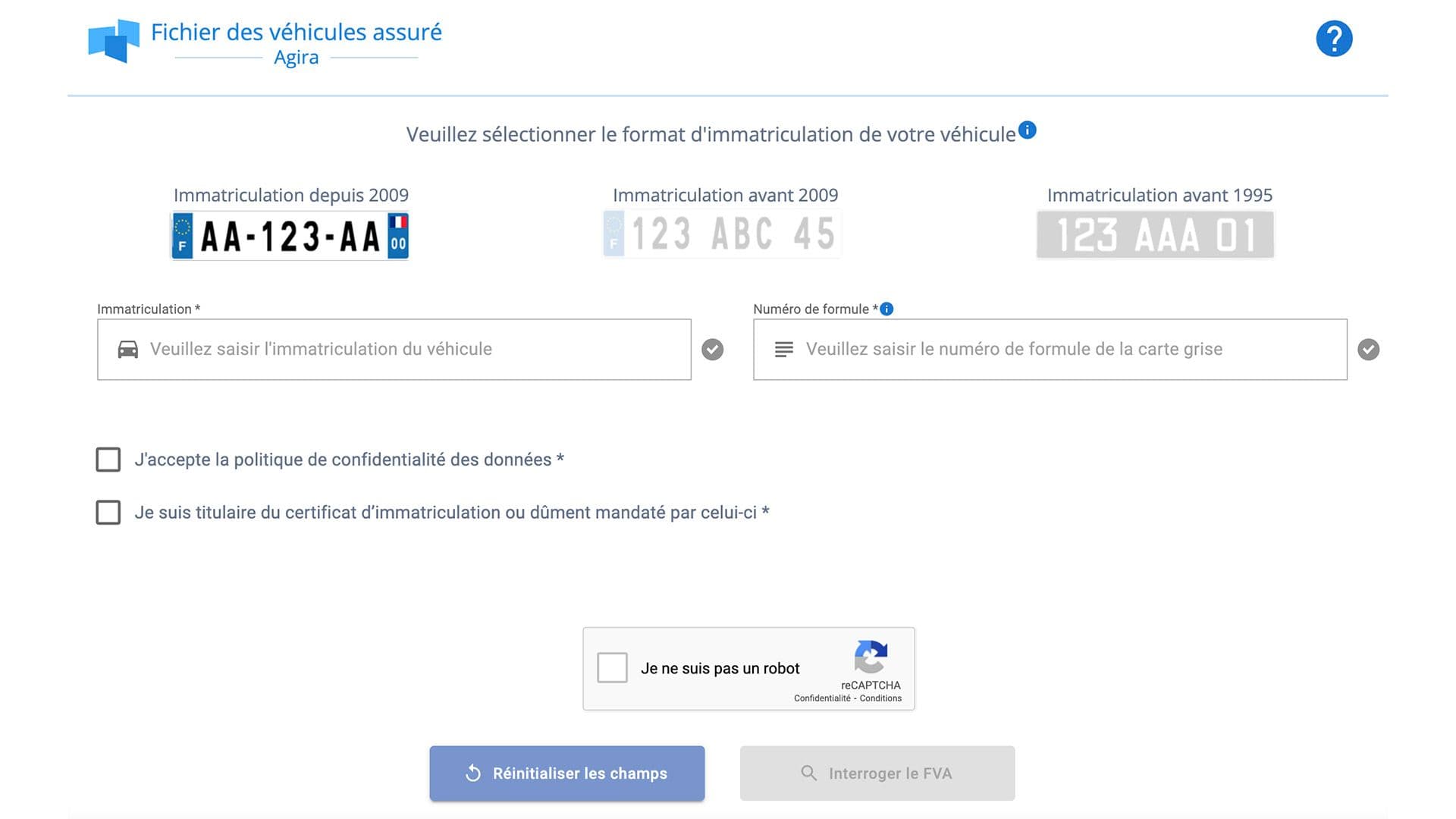 Capture d'écran du site du Fichier des véhicules assurés (FVA). ©AGIRA