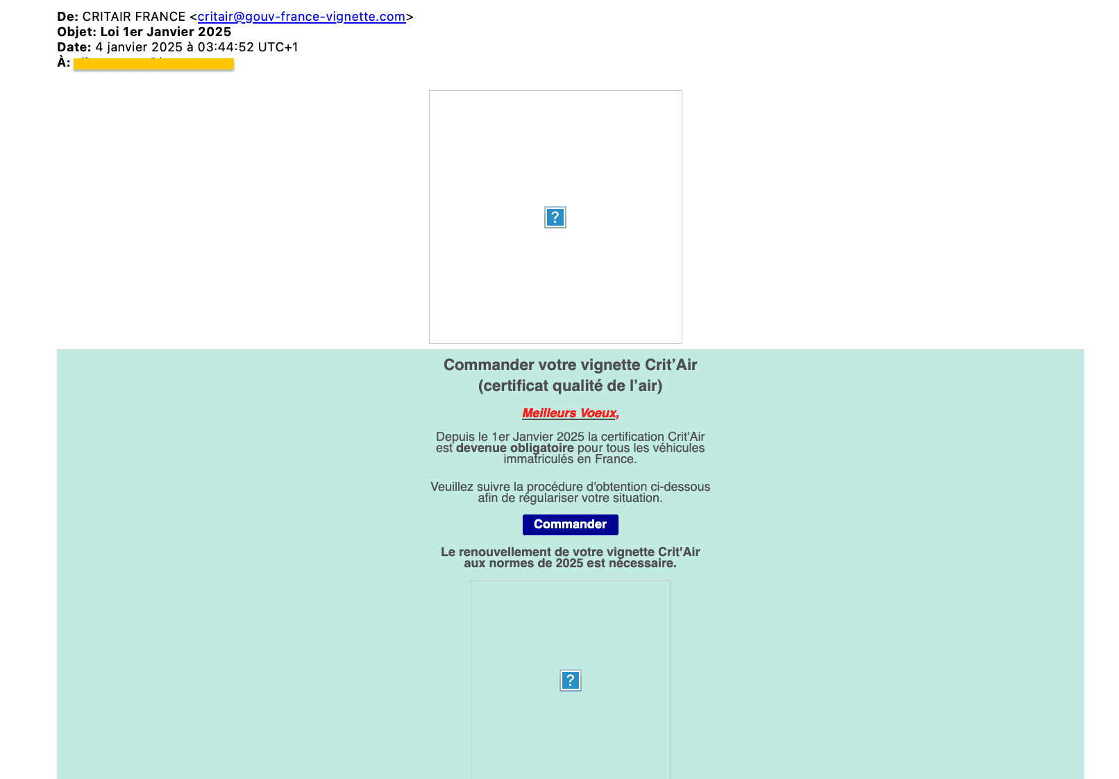 Un exemple de faux e-mail pour commander sa vignette Crit'Air ! ©Roole