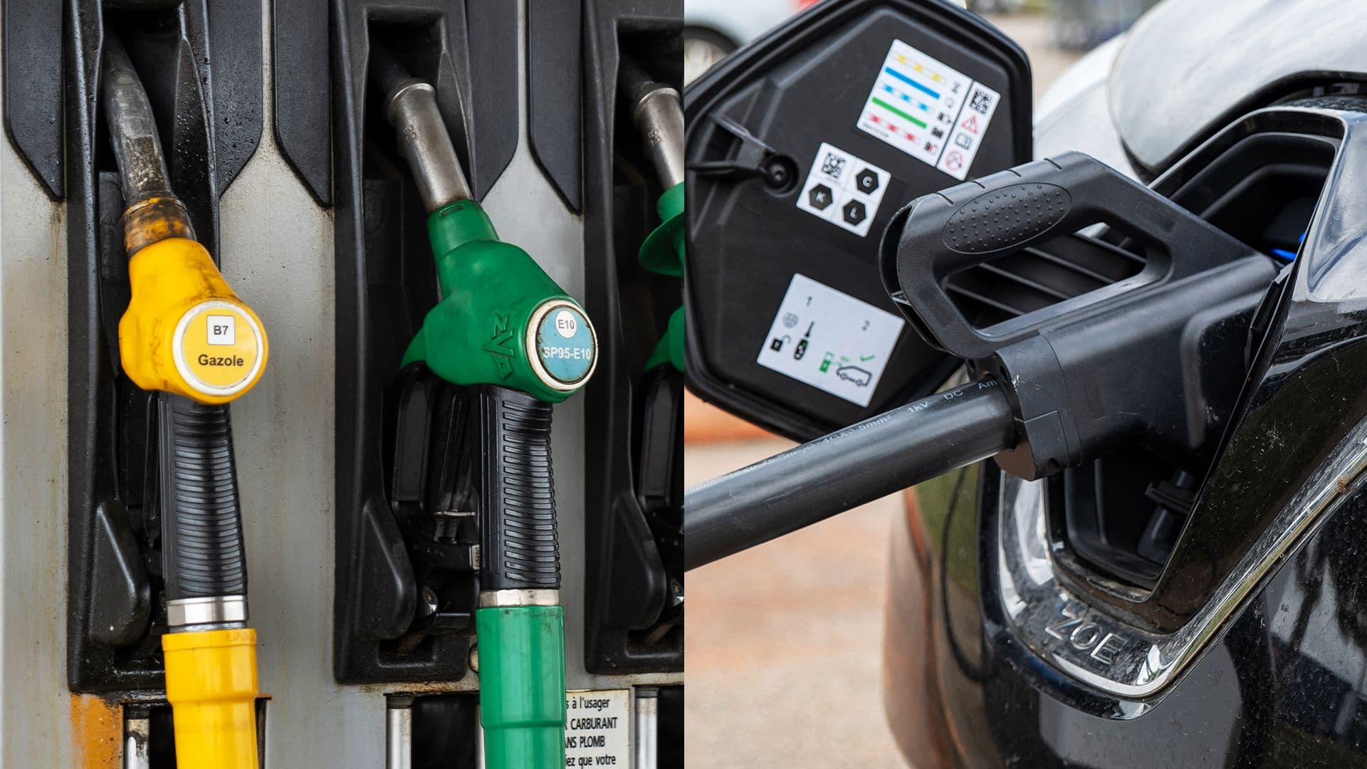 Des pompes à gazole et un câble de recharge électrique