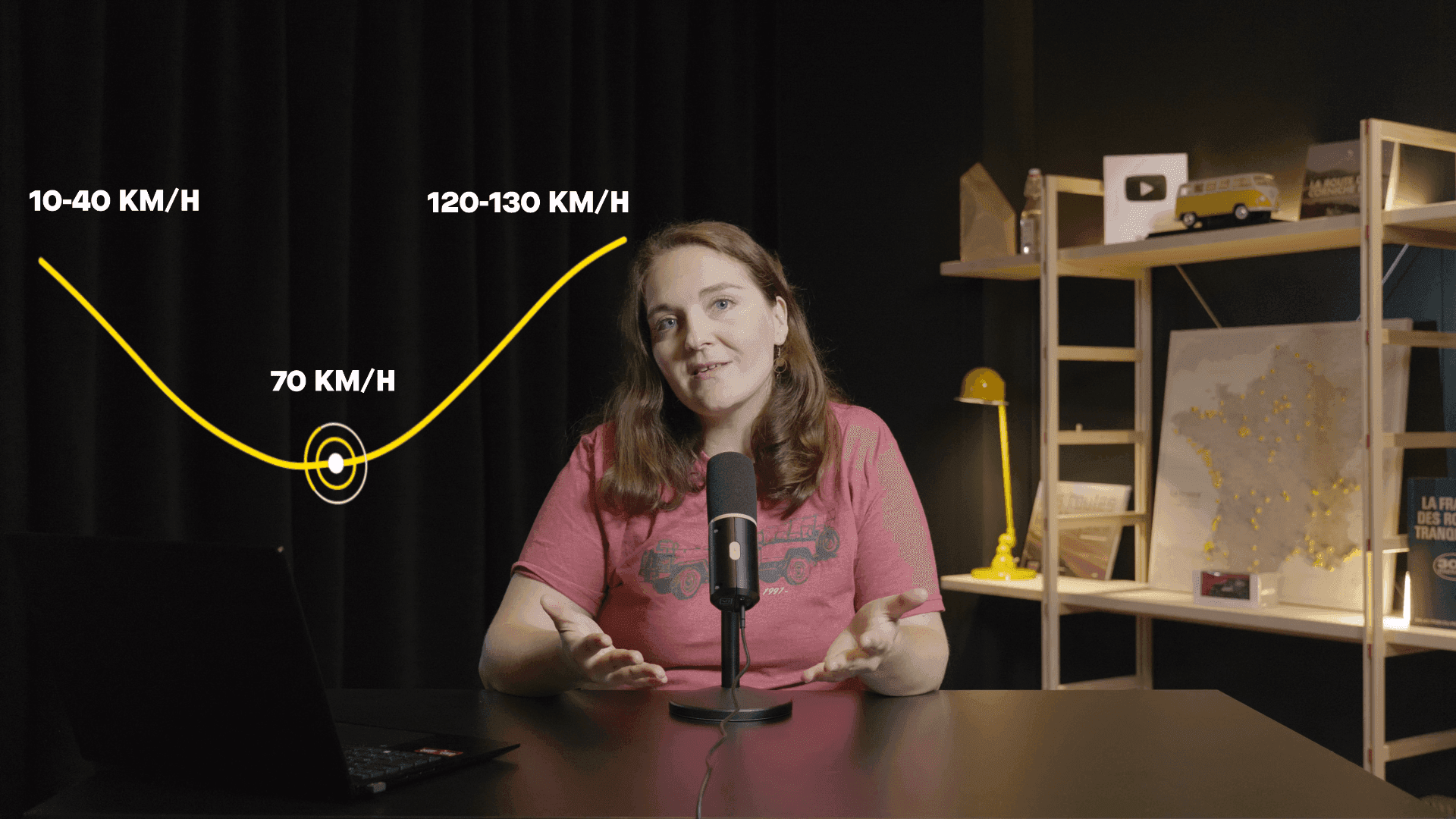 Animatrice devant un micro avec graphique de vitesse 10-40 km/h, 70 km/h et 120-130 km/h