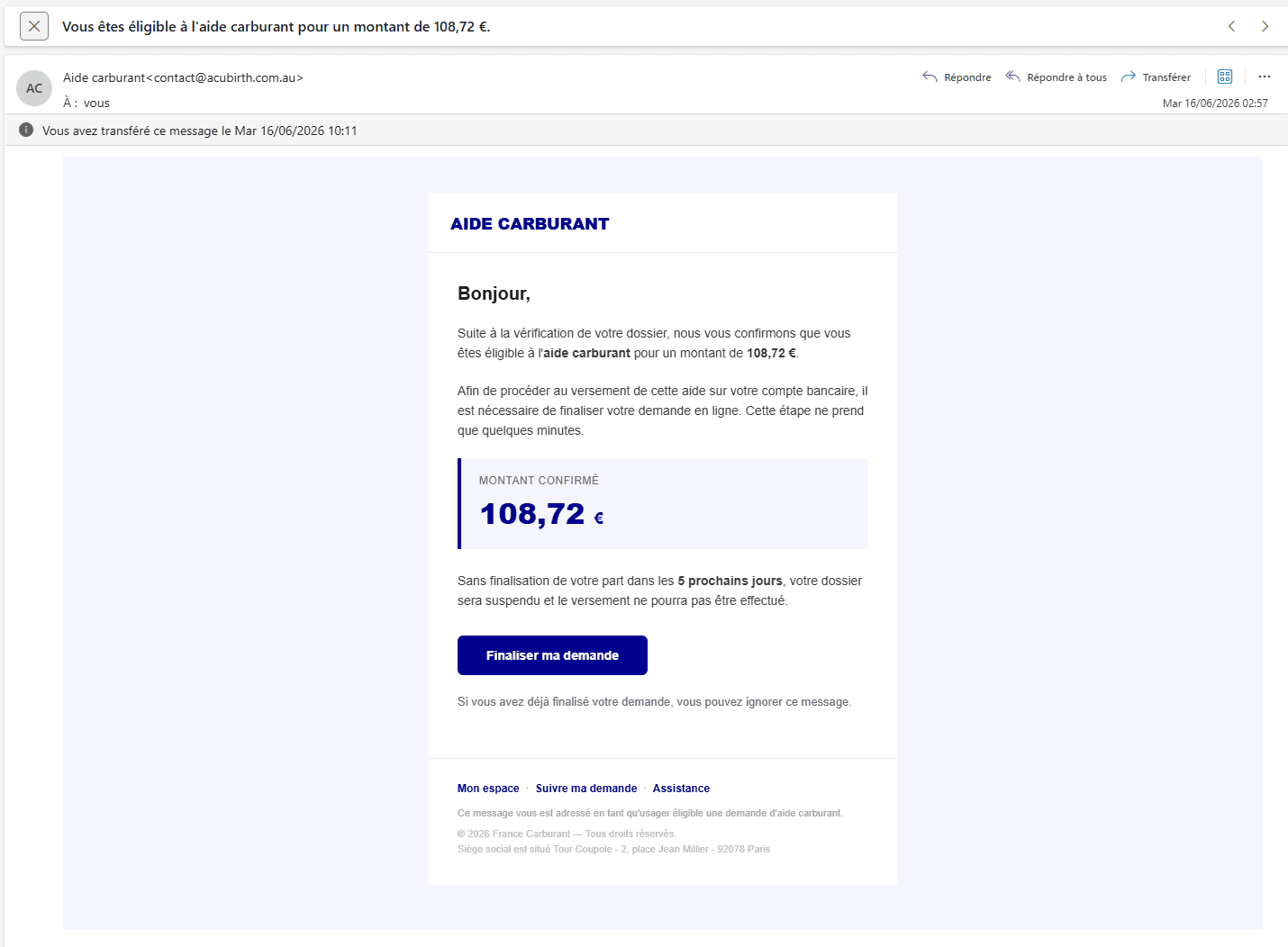 Le mail annonce que vous êtes éligible à une aide de 108,72 €.