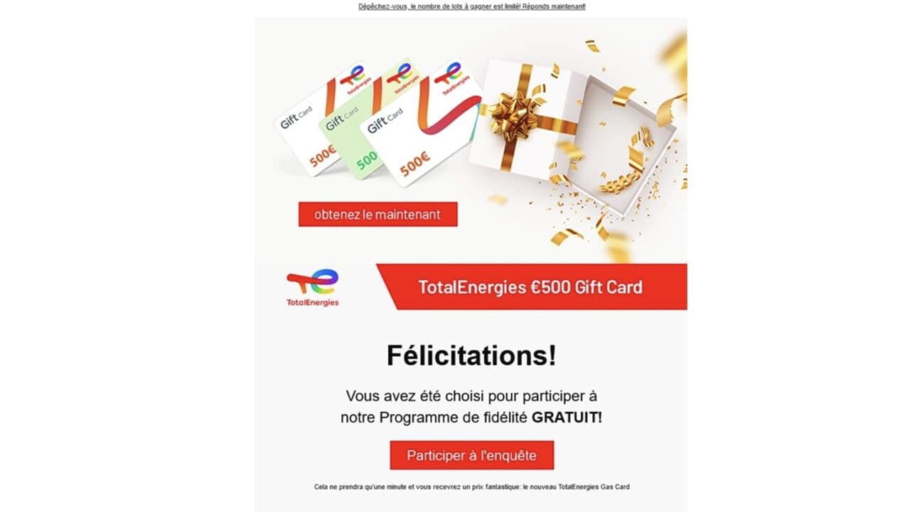 Exemple de mail frauduleux liée à une fausse loterie Total Energies.