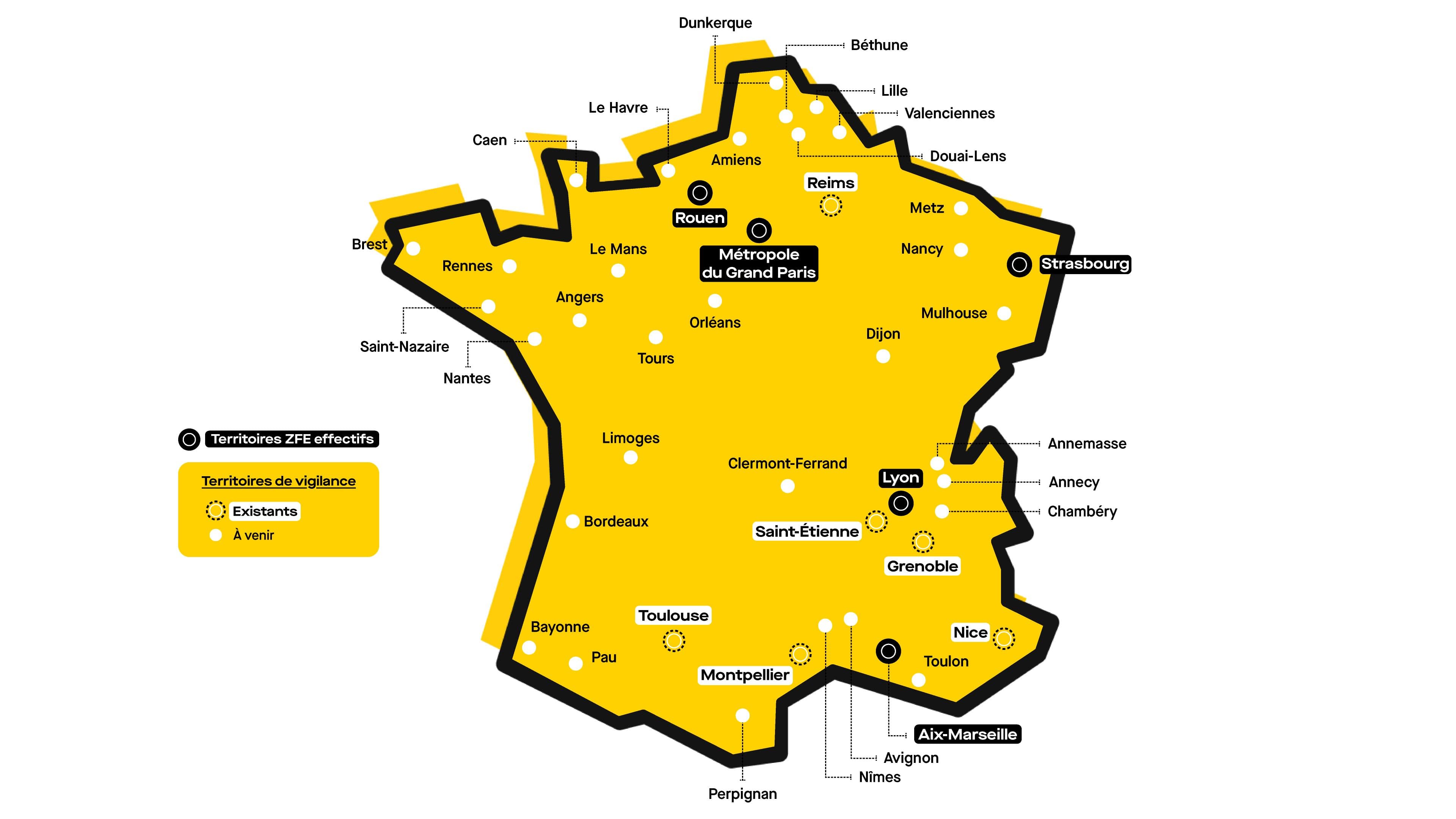 La carte des ZFE existantes et futures, selon les mises à jour du 10 juillet 2023.