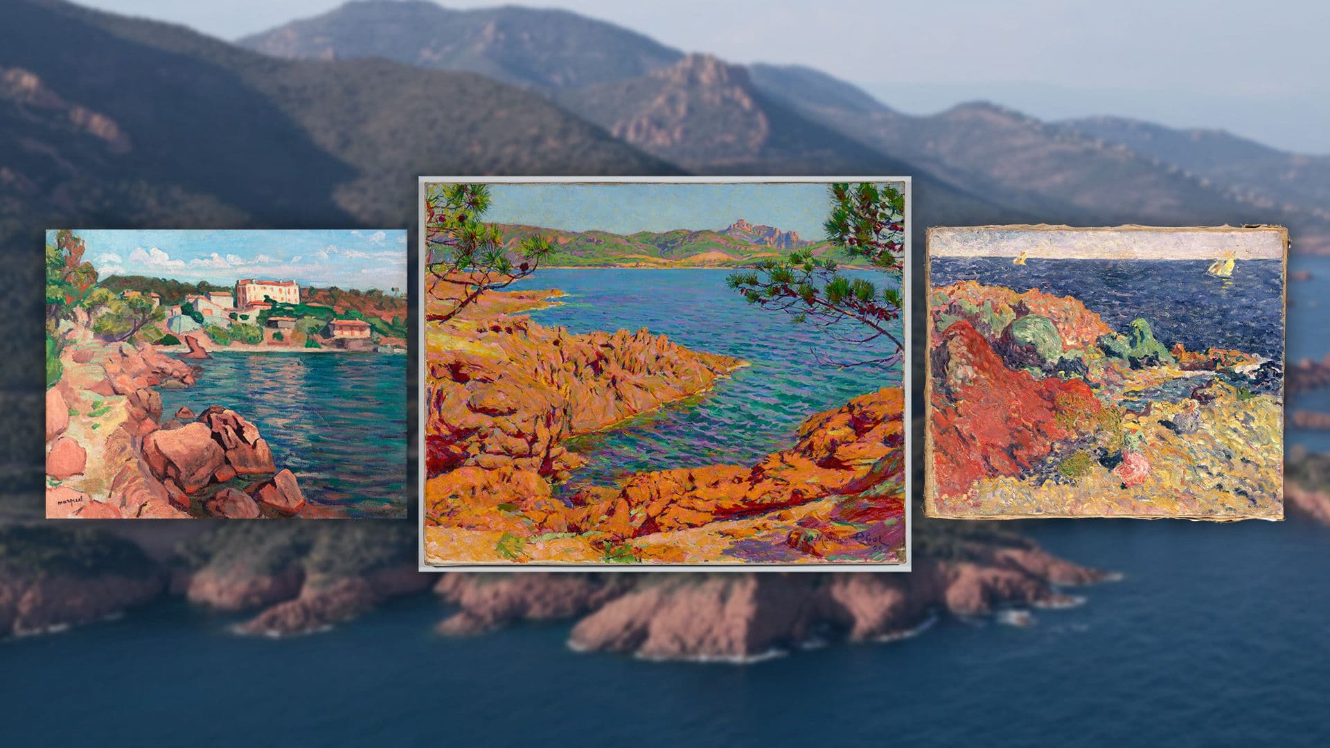 Montage de trois tableaux de peintres devant un panorama de la corniche de l'Esterel