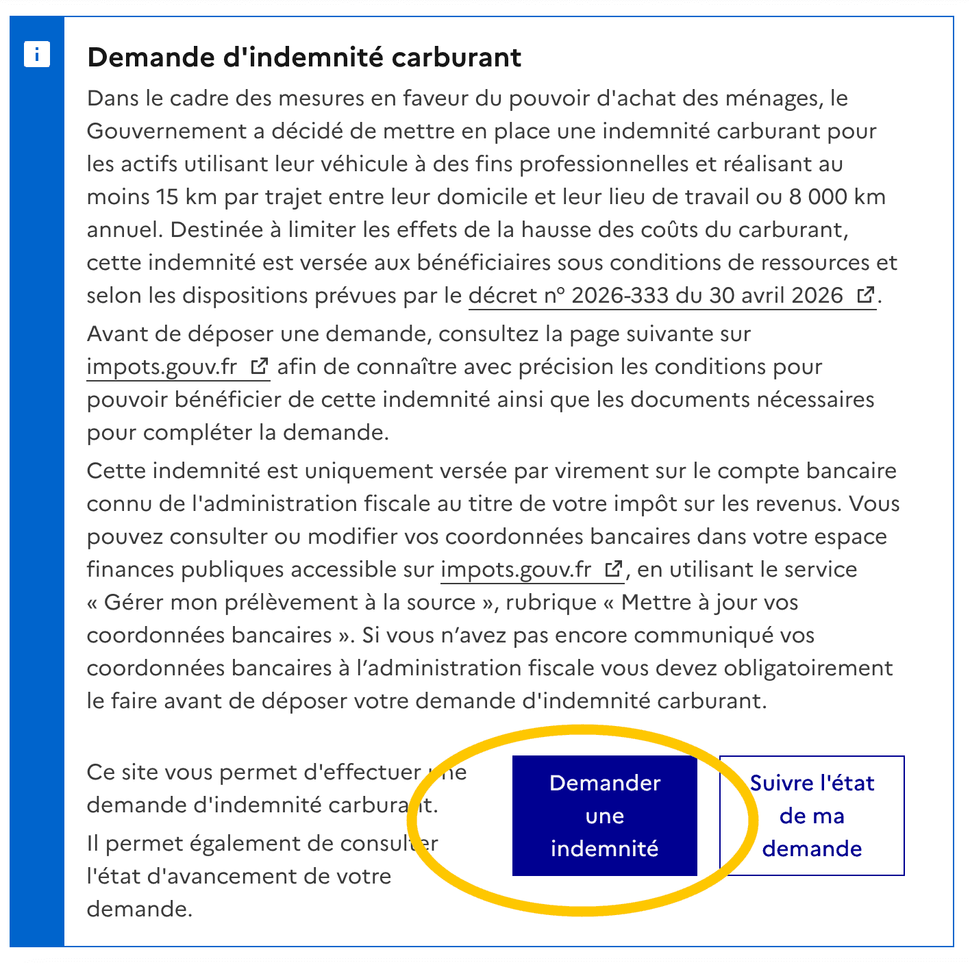 Une fois votre éligibilité confirmée, vous pouvez cliquer sur le bouton « Demander une indemnité ».