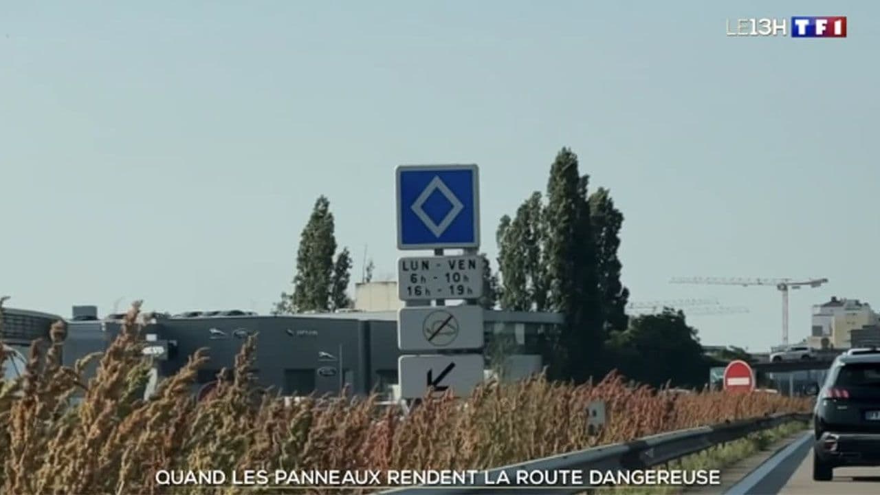 <i>À Strasbourg, ce panneau indique
une voie réservée au covoiturage mais interdit aux véhicules
électriques. ©TF1</i><i></i>