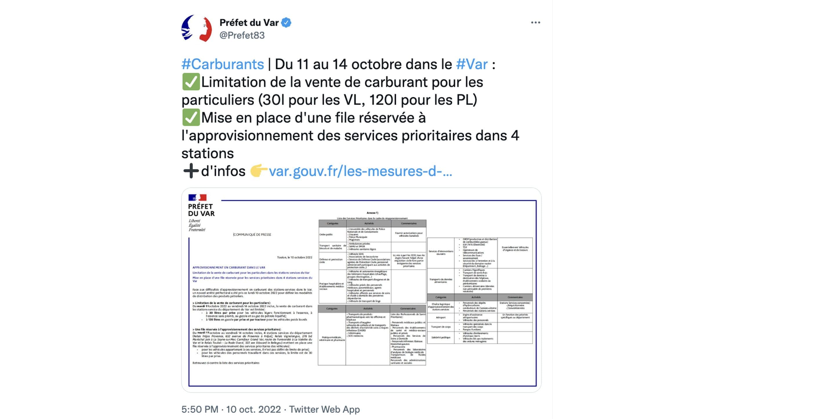 Tweet du préfet du Var.