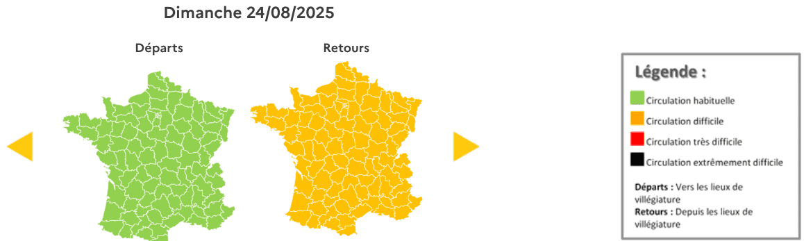 Prévision de circulation de Bison Futé pour le dimanche 24 aout 2025. ©Bison futé