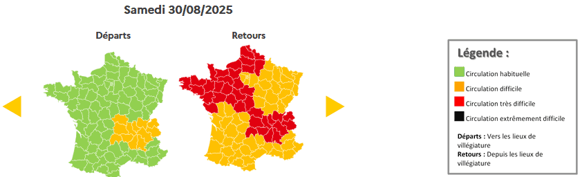 Prévision de circulation de Bison Futé pour le samedi 30 août 2025. ©Bison futé