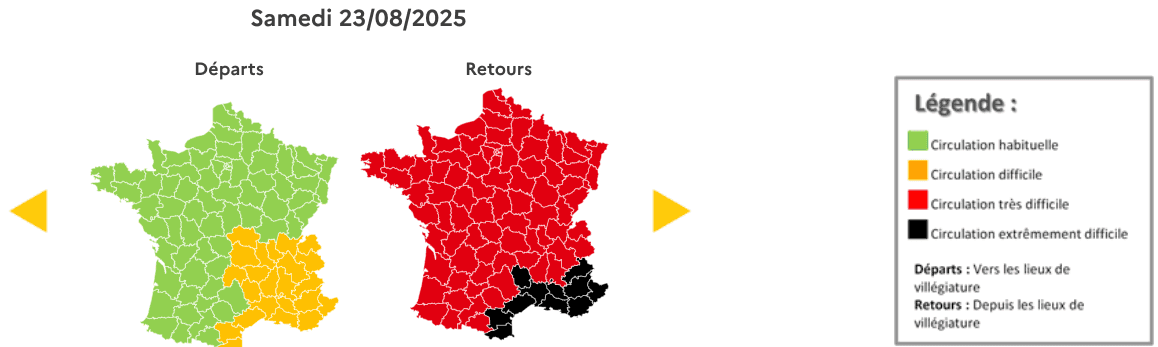 Prévision de circulation de Bison Futé pour le samedi 23 aout 2025. ©Bison futé