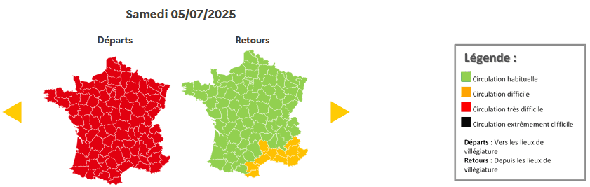 Prévisions de circulation de Bison Futé pour le samedi 5 juillet 2025. © Bison futé