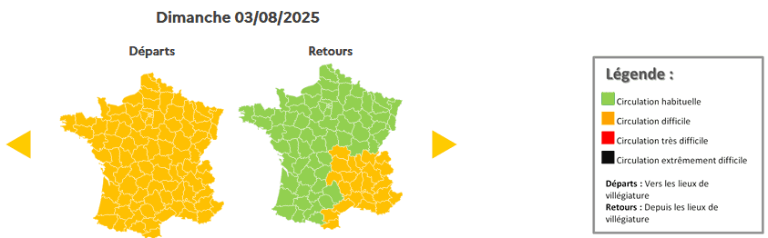 Prévisions de circulation de Bison Futé pour le dimanche 3 août 2025. ©Bison futé