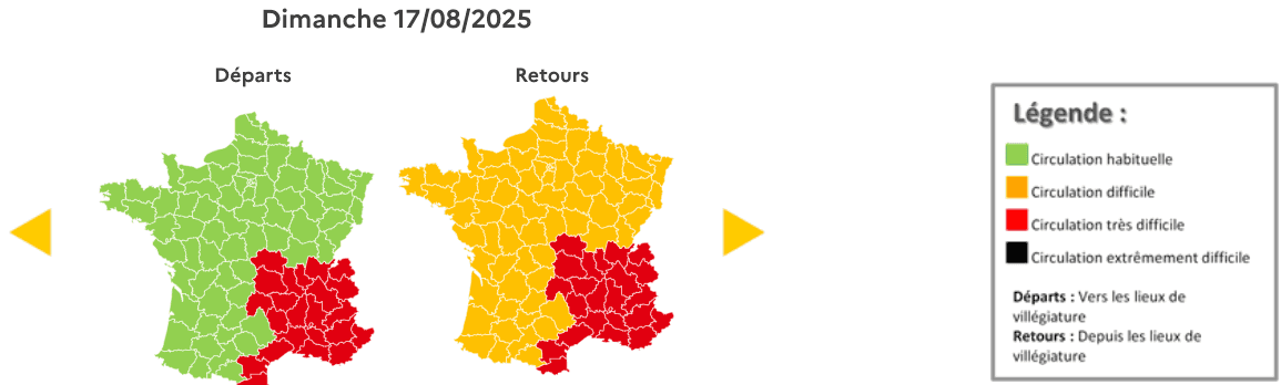 Prévision de circulation de Bison Futé pour le dimanche 17 aout 2025. ©Bison futé