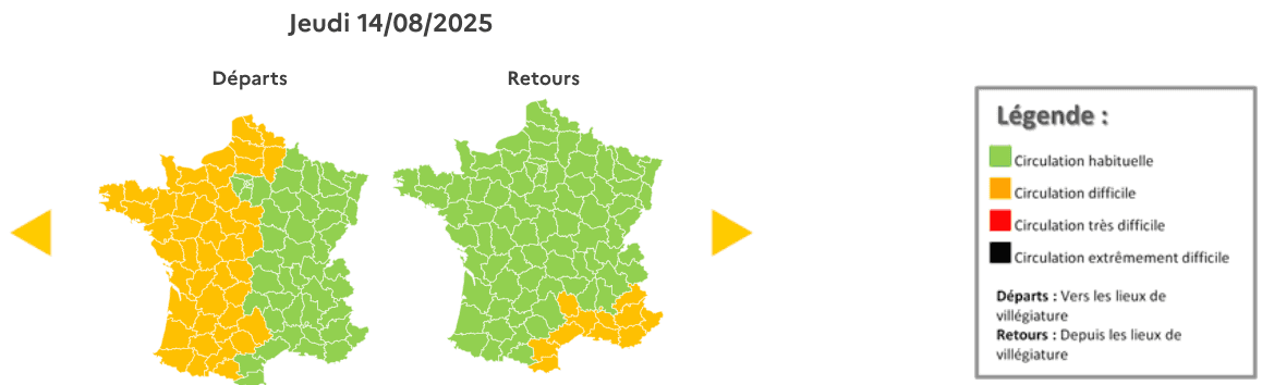 Prévision de circulation de Bison Futé pour le jeudi 14 aout 2025. ©Bison futé