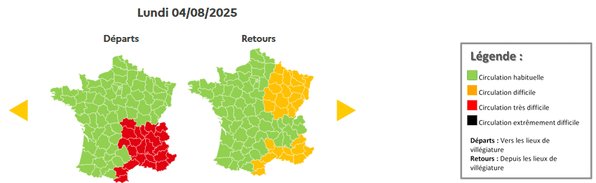Prévisions de circulation de Bison Futé pour le lundi 04 Août 2025. © Bison futé
