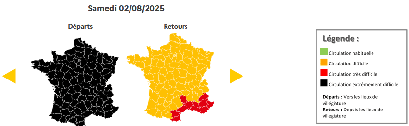 Prévisions de circulation de Bison Futé pour le samedi 2 août 2025. ©Bison futé