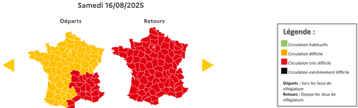 Prévision de circulation de Bison Futé pour le samedi 16 aout 2025. ©Bison futé