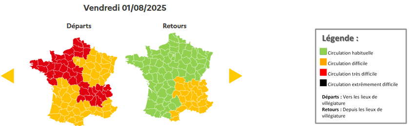 Prévisions de circulation de Bison Futé pour le vendredi 1er août 2025. ©Bison futé