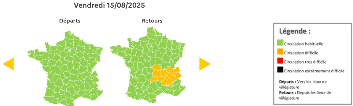 Prévision de circulation de Bison Futé pour le vendredi 15 aout 2025. ©Bison futé