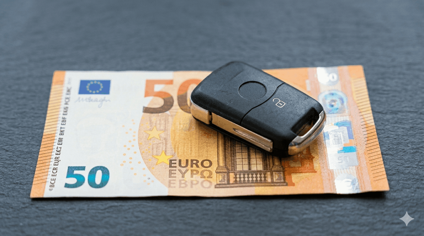 Un billet de 50 euros correspondant au montant de l’aide pour les travailleurs gros rouleurs, avec une clé de voiture posée dessus