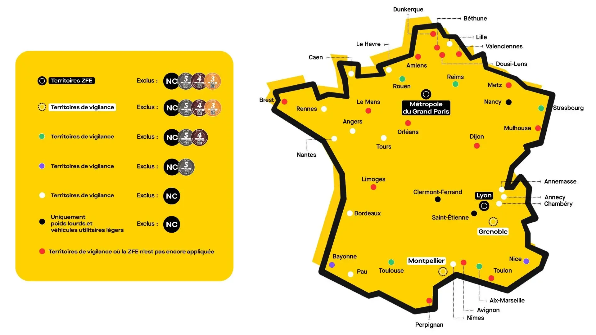 La carte des ZFE françaises en novembre 2025. ©Roole