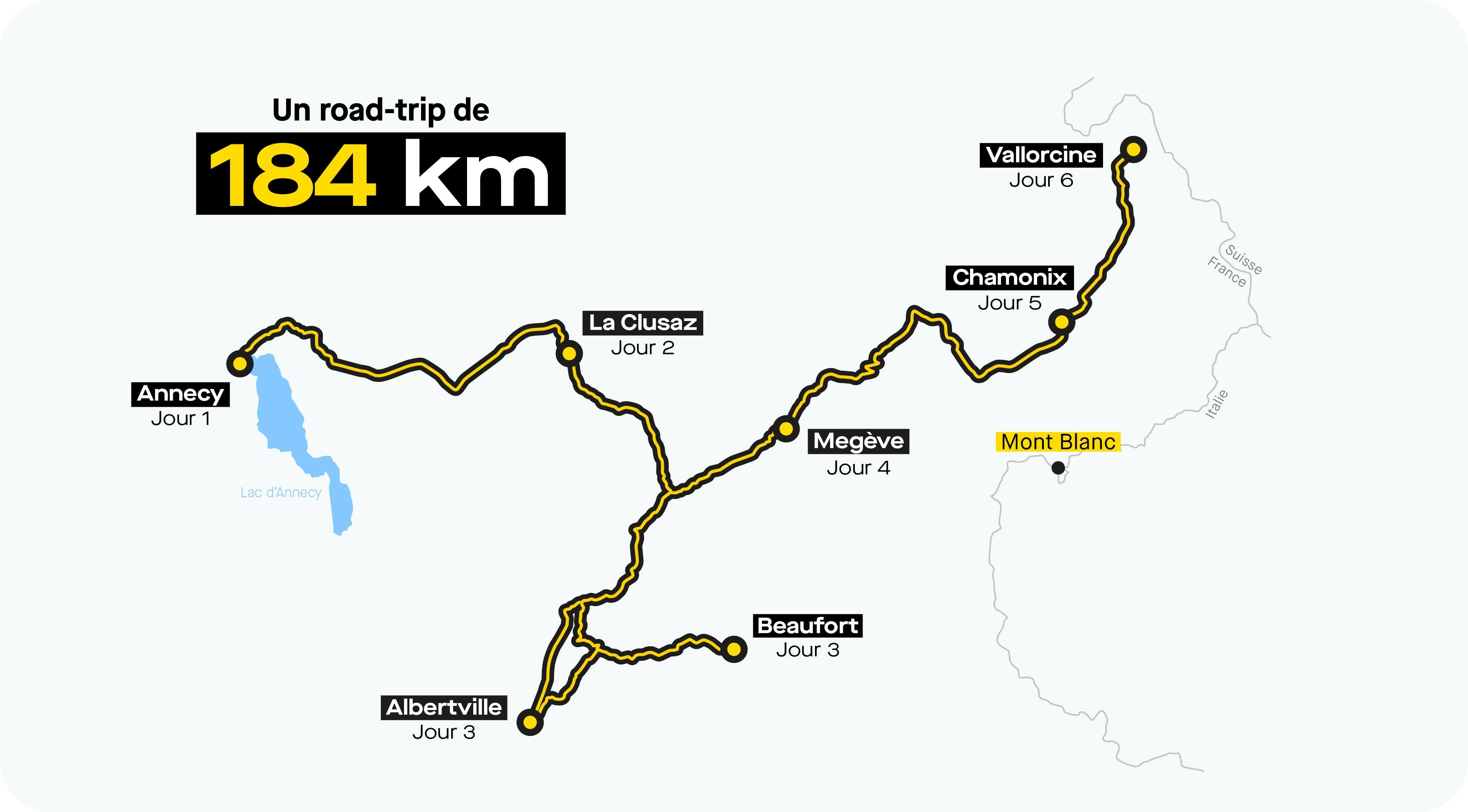 La carte du roadtrip d'Annecy à Vallorcine en passant par Megève.