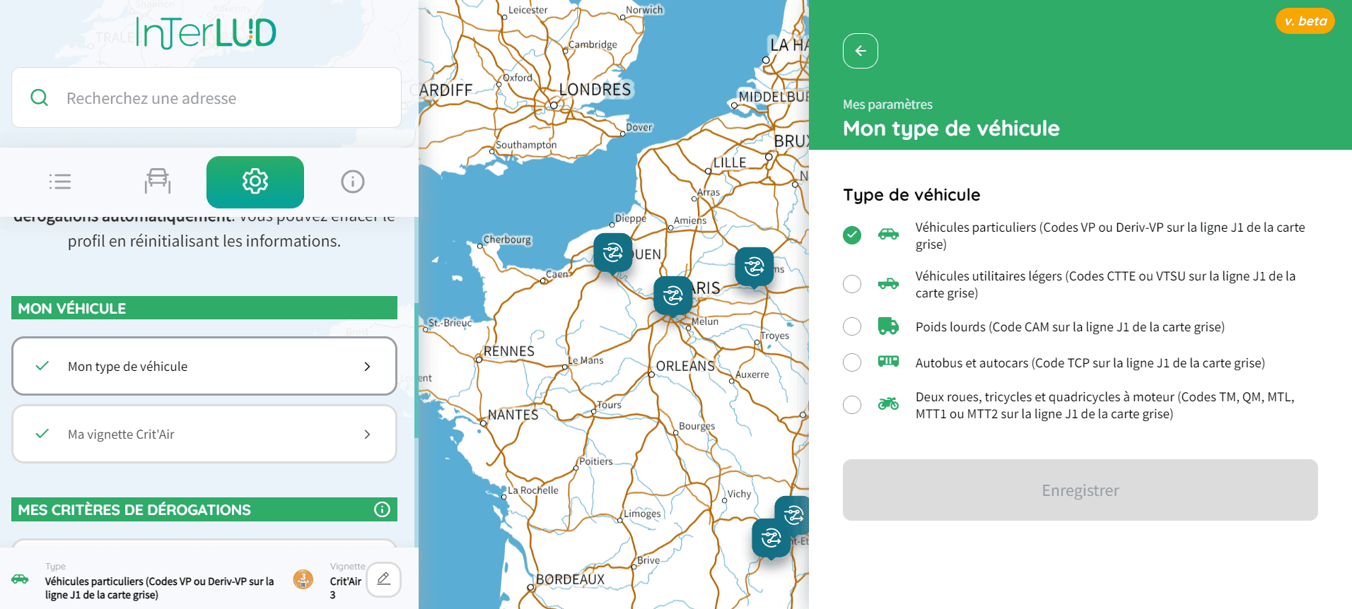 Sélectionnez les caractéristiques de votre véhicule (capture d'écran ZFE.green, DR)