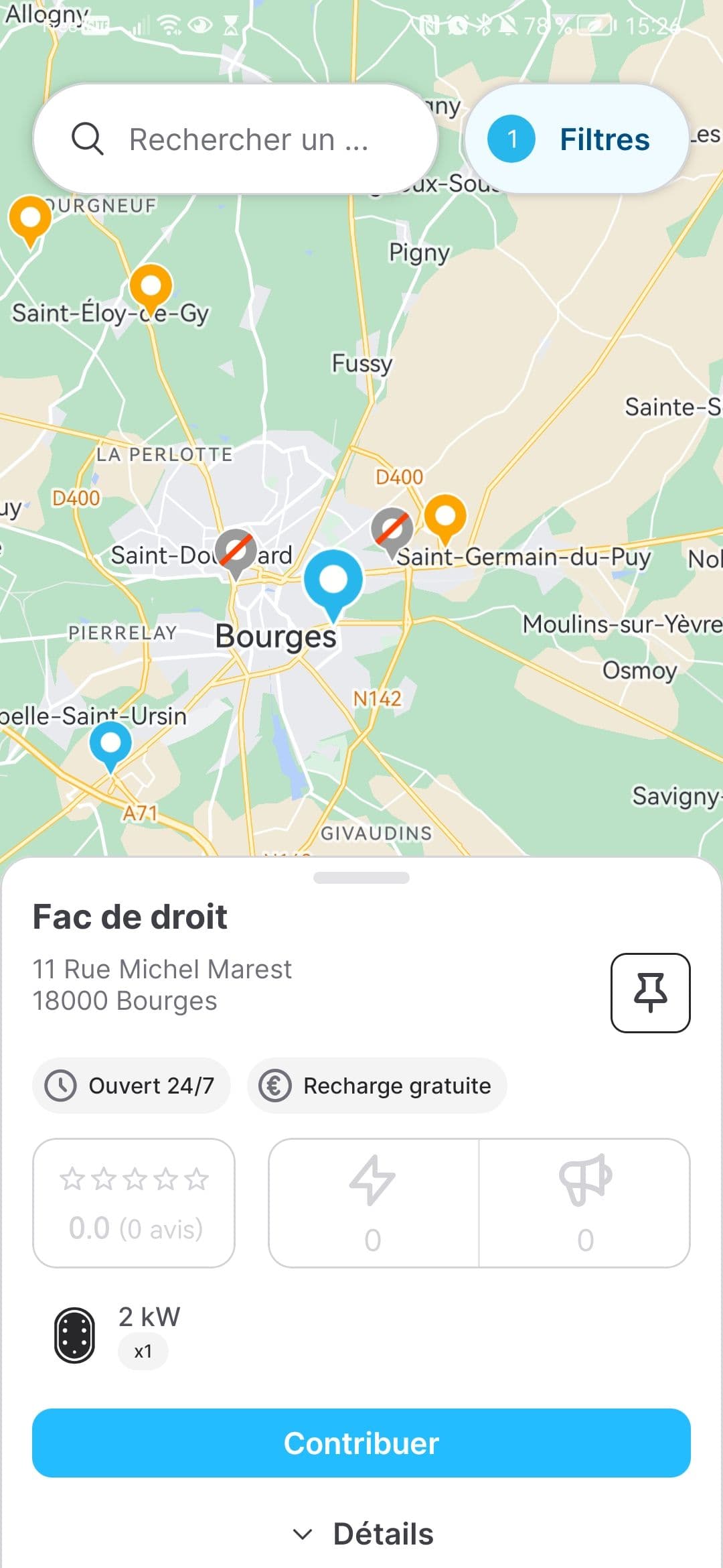 Après avoir sélectionné le filtre "Bornes gratuites", Chargemap n'affiche que les bornes gratuites dans votre secteur de localisation. ©Capture d'écran Roole