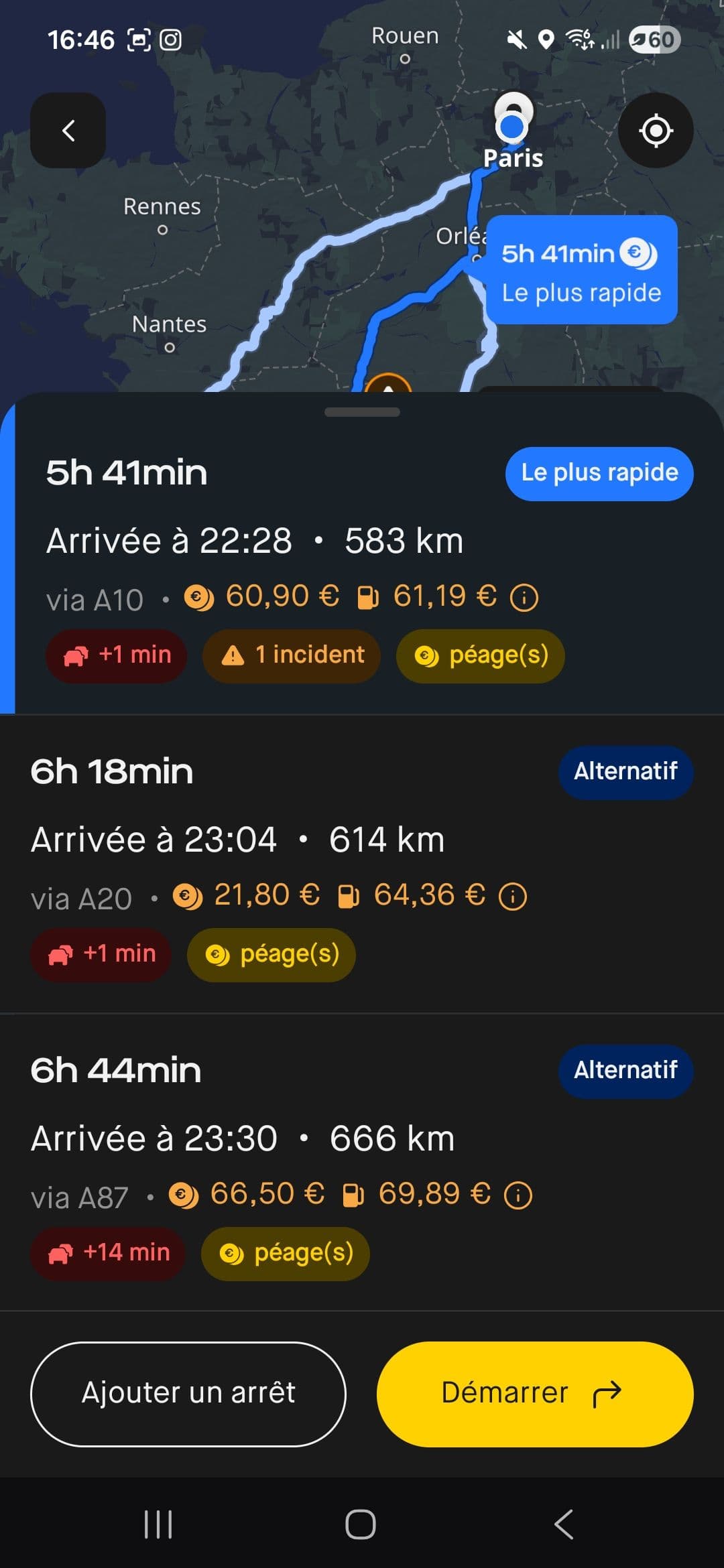 L'application Roole Map calcule plusieurs itinéraires et vous informe des coûts à prévoir aux péages et en carburant.
