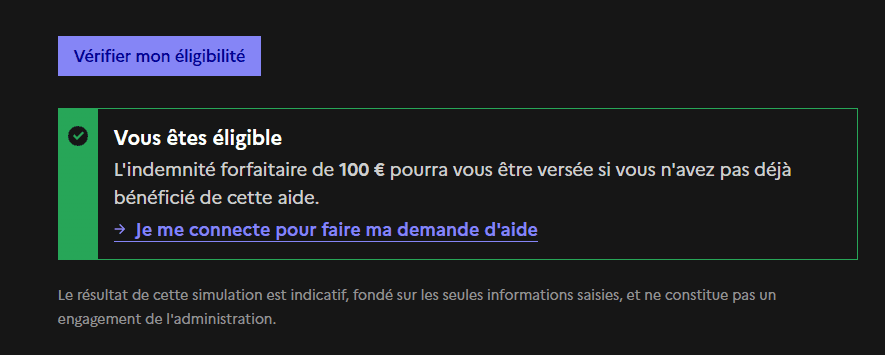 Une fois tous les champs renseignés, le simulateur valide ou non votre éligibilité à l'aide carburant de 100 €.